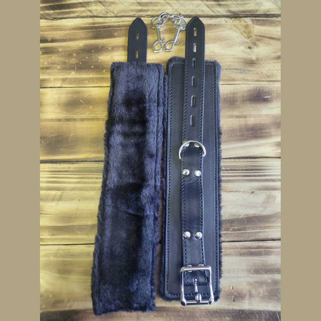 Fur-Lined Leather Wrist Cuffs with Chain